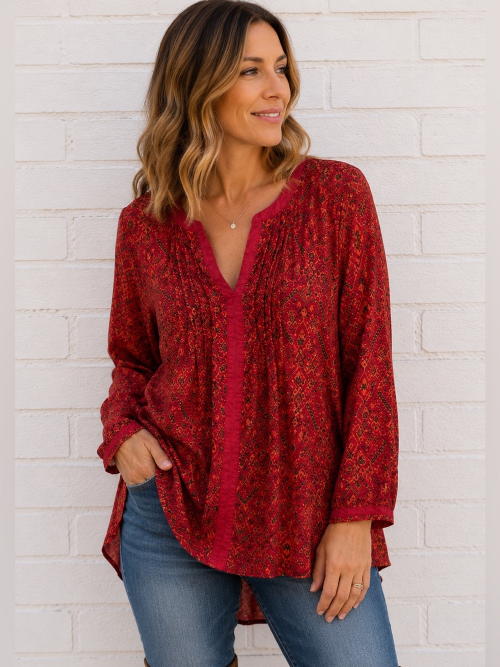 Lucky Brand Red Ikat Boho Tunic Blouse Small Peasant Top
